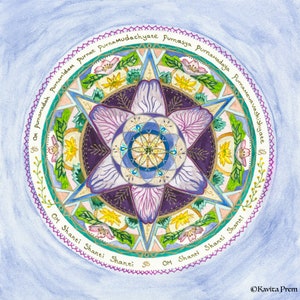 Dipinto originale di Totalità di Kavita Prem, mantra indiano, geometria sacra, primavera, Beltane, fiore di anemone dei boschi, Om Shanti, pace, perfetto