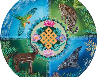 Gaia Ma Canvas Print: Mother Earth, Endangered Animals, Tibetan Eternal Knot (12"x12")