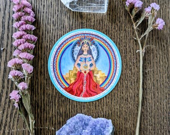 Ixchel Mayan Goddess sticker, round sticker 4&quot;x4&quot;, sacred womb, divine feminine, rainbow moon goddess, fertility, waterproof & UV protection