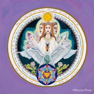 Gayatri Sun Blessing dipinto originale di Kavita Prem, arte accessibile, mandala della Dea, geometria sacra, cigno, mantra sanscrito, cristalli