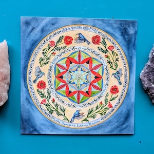 Paix, carte postale carrée Shalom Salaam, mandala, fleur de vie, Palestine libre, coquelicot, souimanga, prière, Loka Samastha Sukhino bhavantu, amour