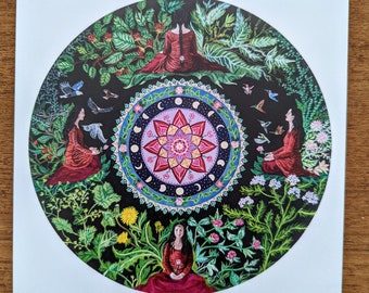 Inner Seasons square postcard, feminine art, cycle art, moon phases, medicinal plants, menstrual cycle art, divine feminine, wild woman