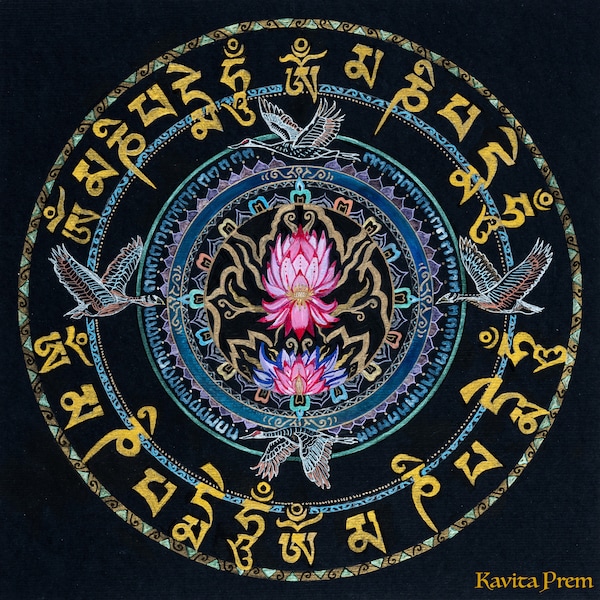 Om Mani Padme Hum mandala, canvas print 30x30 cm / 12"x12", Tibetan Buddhist mantra, sacred geometry, jewel lotus, meditation altar, geese