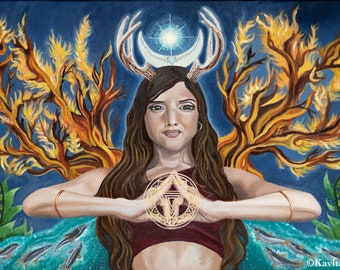 Rise of the Goddess, canvas print 20x30 cm / 9"x12", visionary art, divine feminine, Goddess Kali, sacred geometry, deer mudra, yantra, moon