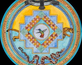 Chakana mandala sticker, 4&quot;x4&quot;, Inca sacred geometry, hummingbird, puma, snake, condor, Andean cross, Mother Earth Pachamama, spirit animals