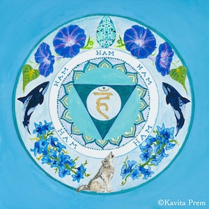 Vishuddha Chakra Mandala, stampa su carta d'archivio 15x15 cm (6"x6"), chakra della gola, balene, lupo, arredamento studio yoga, arte meditativa, espressione