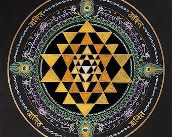 Shakti, Giclee canvas print 30x30 cm / 12&quot;x12&quot;, divine feminine, Sri Yantra, Sanskrit, sacred geometry, peacock feather, yoga art, altar