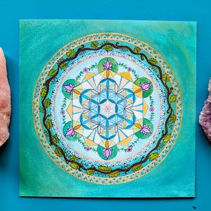 正方形のポストカード「水の精神」、曼荼羅、神聖幾何学、生命の花、スピリチュアルアート、蓮、マカバ、ヨガアート、祭壇、ターコイズ
