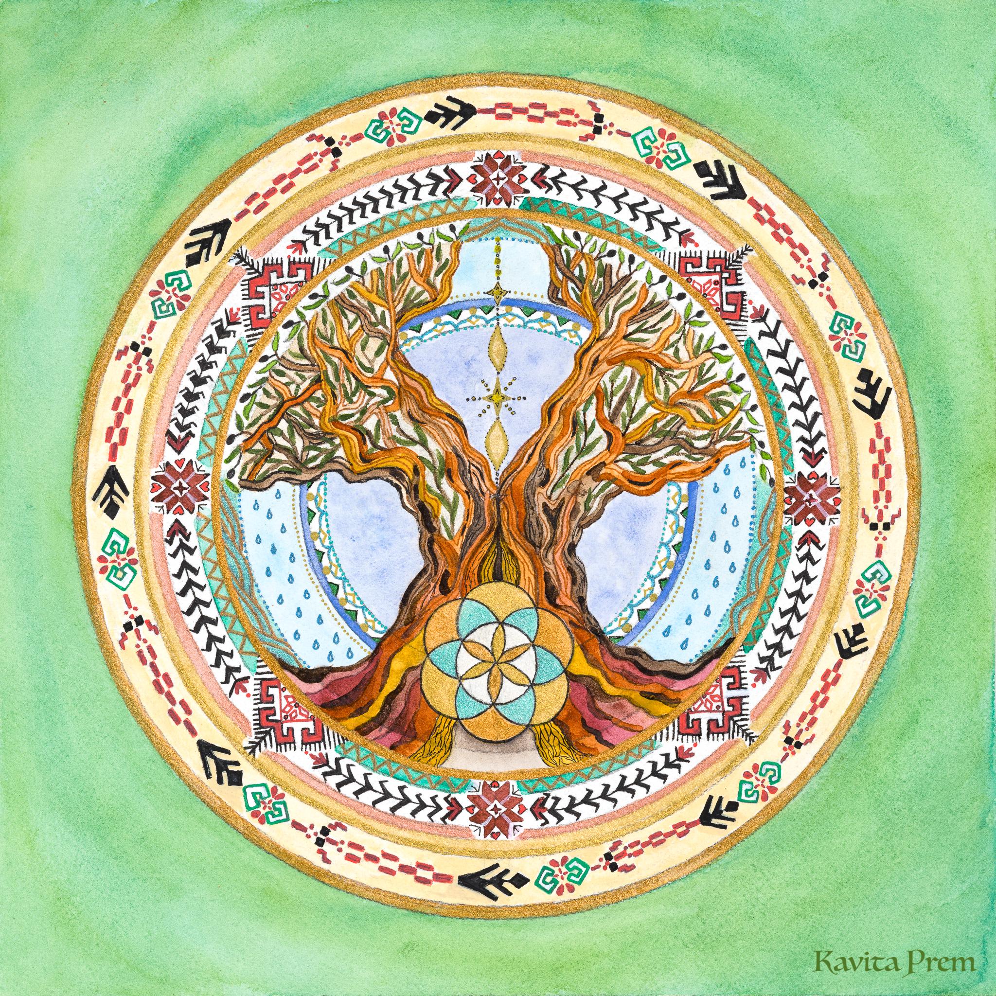 Olive Tree Mandala, canvas print 30x30 cm/12"x12", Palestinian tatreez embroidery, seed of life, prayer, hope, peace, freedom, golden light