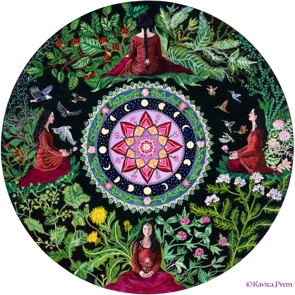 square postcard "Inner Seasons", feminine art, cycle art, moon phases, medicinal plants, menstrual cycle art, divine feminine, wild woman