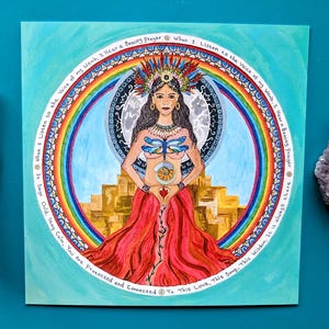 Carte postale carrée Ixchel avec enveloppe, mandala, art de la déesse maya, libellule, déesse arc-en-ciel, féminin divin, art d'autel, carte d'anniversaire
