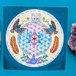 Flower of Light, vierkante ansichtkaart, mandala, levensbloem, heilige geometrie, yogakunstcadeau, wolf, raven, veren, kristallen, thuiskomen