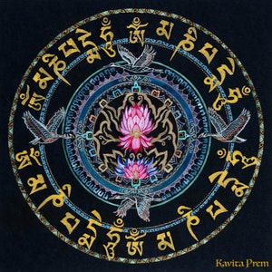Dipinto originale Om Mani Padme Hum di Kavita Prem, mantra buddista tibetano, geometria sacra, loto, mandala acquerello, oche, meditazione
