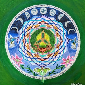 Luna Blossom, stampa su carta d’archivio OOAK impreziosita a mano, mandala celtico, falena della luna, geometria sacra, fasi lunari, colibrì, fiore di giglio
