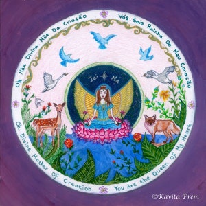 Dipinto originale della Madre Divina di Kavita Prem, arte della Dea, sacro femminile, madre terra, cervo, volpe, cigno, colomba, loto, Jai Ma, visionario