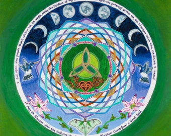 Luna Blossom, archival paper print 30x30 cm (12"x12"), mandala, luna moth, Celtic sacred geometry, Altar art, moon phases, hummingbirds