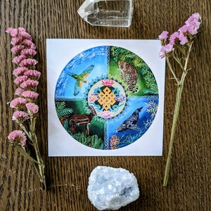 Gaia Ma Postkarte, Mutter Erde, Pachamama, ewiger Knoten, gefährdete Tiere, Querverbindung, Einheit, Frieden, Lotus, zusammen verwoben, Geometrie