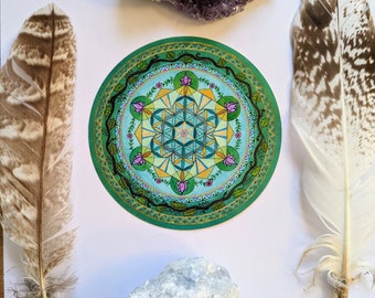 Spirit of the Water round mandala sticker, 4&quot;x4&quot;, sacred geometry, lotus, flower of life, merkaba, turquoize, waterproof & UV protection