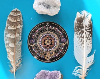 Shiva mandala sticker, Sanskrit mantra, Om Namah Shivaya, lotus, sacred masculine, round vinyl sticker 4&quot;x4&quot;, waterproof and UV protection
