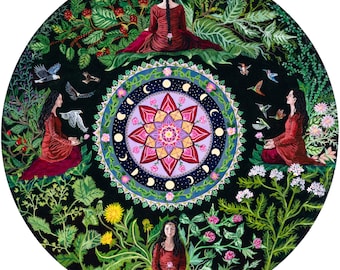 Inner Seasons, canvas print 30x30 cm/12&quot;x12&quot;, feminine art, moon mandala, rose, sacred plants, wild power, circle of women, female power art