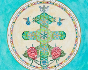 Light of the Firmament, canvas print 30x30 cm/12&quot;x12&quot;, Santo Daime, shamanic art, union, hummingbirds, geometry, flower of life, cross, rose