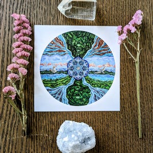 Healing Waters postcard, sacred geometry, mandala, rivers, forests, cranes, flowing, visionary art, sacred art, meditation, water is life