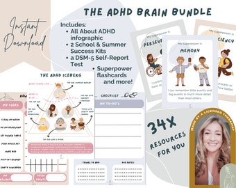 Puede incluir: Un paquete de descarga digital para el apoyo del cerebro TDAH. El paquete incluye una infografía, kits de éxito, una prueba de autoevaluación y tarjetas de memoria. La imagen también muestra una lista de verificación y una lista de tareas con un esquema de color rosa y gris.