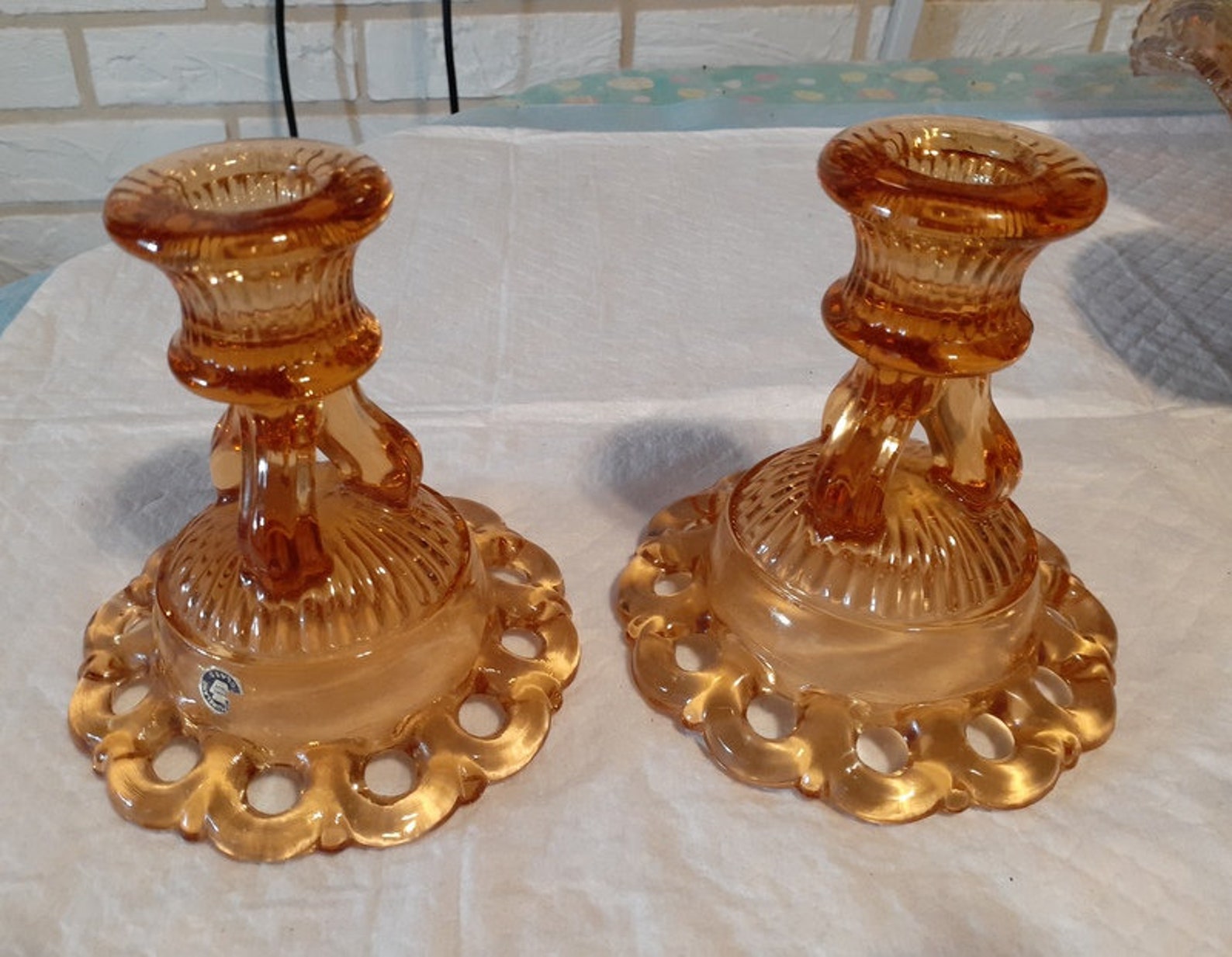 Vintage Westmoreland Doric pattern Amber Glass Pair of Candle Etsy