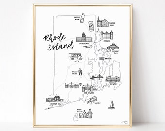 Rhode Island Map Print - Digital File, Printable, Download, Art, Hand Drawn Gift 8"x10" - Newport, Providence, Block Island, Bristol, RI