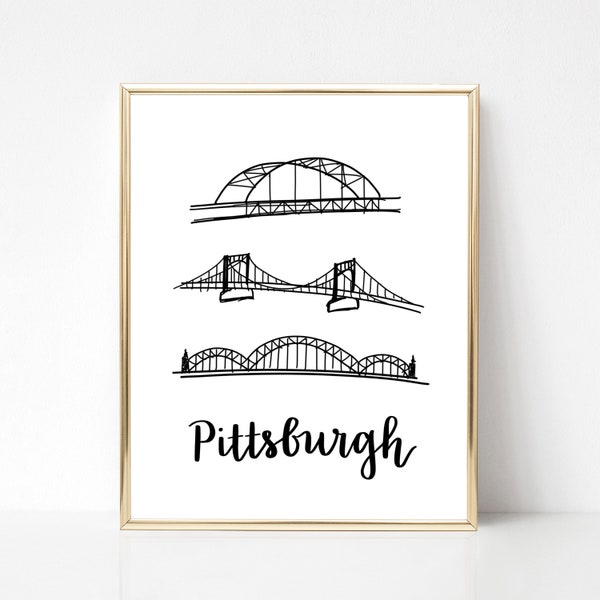 Pittsburgh Calligraphy & Bridges Sketch - Digital File, Printable, Instant Download 8"x10" and 5"x7" - City Sketch, Pennsylvania, Hometown