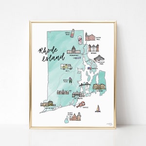 Impression de carte de Rhode Island - fichier numérique, téléchargement imprimable, cadeau dessiné à la main en couleur 20 x 10 cm - Newport, Providence, Block Island, Bristol, RI