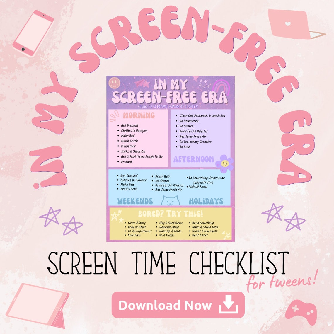 Preppy Checklist Screen Time Checklist Kid Tween Girl Preppy Aesthetic Screen Free Era ...