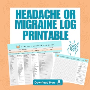 Op de afbeelding: Printbare kop- en migraine-logsheet met een 30-daagse kop-trackinggrafiek. De logsheet bevat secties voor datum, pijnlocatie, pijn type, symptomen voorafgaand aan hoofdpijn, potentiële triggers, levensstijl factoren en aanvullende notities. De trackinggrafiek bevat secties voor hoofdpijnfrequentie, duur, intensiteit en behandelingen.