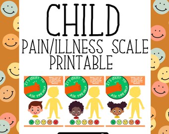 May include: Printable pain/illness scale for children. It features three illustrations of children with different skin tones and a scale of smiley faces to indicate pain levels. The text says "It's okay to ask for help".