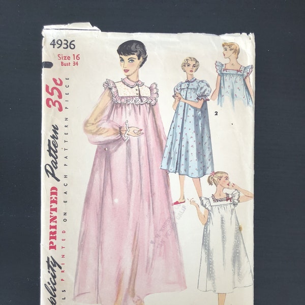 Vintage 1950s Simplicity Nightgown and Negligee Pattern # 4936 Size 16 Bust 34