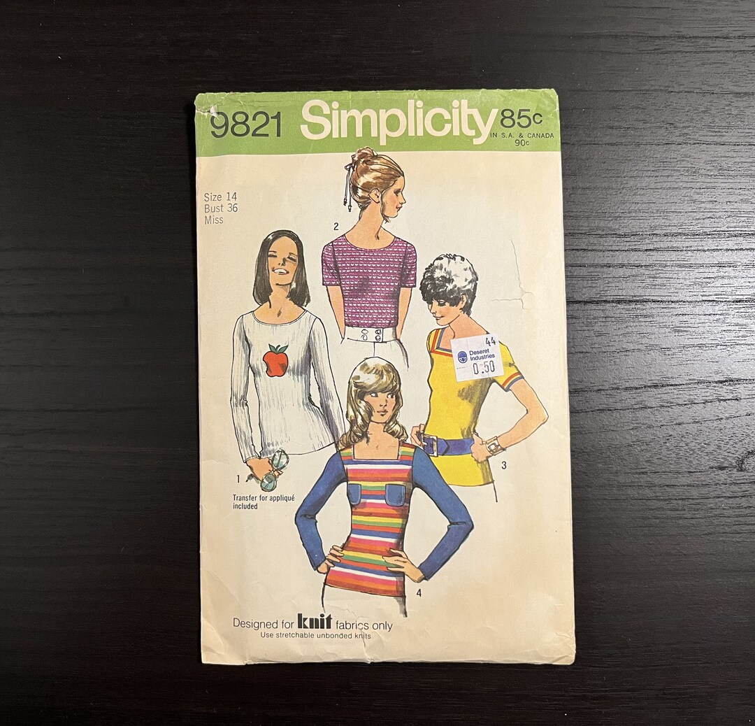 Pattern 9821 Vintage 1970s Simplicity Pullover Tops Pattern # 9821 Size 14 Bust 36 ...