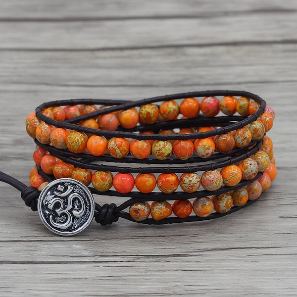 Orange terra jasper bracelet Leather wrap bracelet 3 wraps bracelet jasper beads bracelet orange beads bracelet Mother’s gift jewelrySL-0722