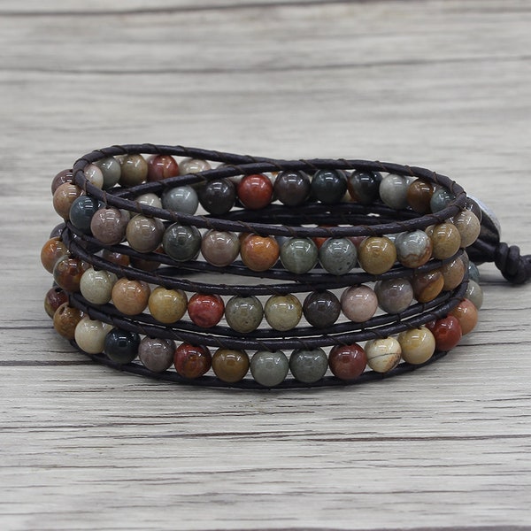 Ocean agate beads bracelet multi colors beads bracelet Leather wrap bracelet Boho Bracelet Bohemian Wrap bracelet 3 row bracelet SL-0717