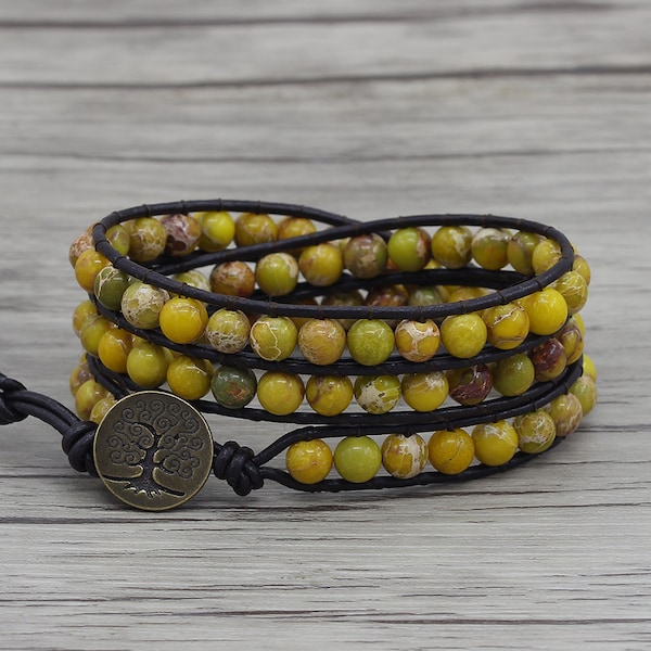 Yellow jasper bracelet leather wrap bracelet Boho Beads bracelet Yellow turquoise bracelet 3 wraps bracelet Mother's gift jewelry SL-0727