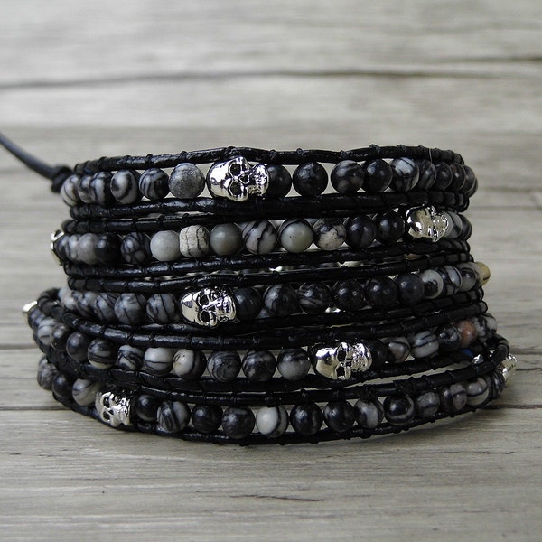 men wrap bracelet chic skull bead bracelet skull leather bracelet black boho wrap bracelet yoga bracelet bead wrap bracelet Jewelry SL-0256