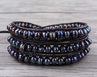 BOHO Pearl wrap bracelet Black pearl bracelet freshwater pearl leather bracelet bead wraps bracelet Leather bead bracelet Jewelry SL-0490