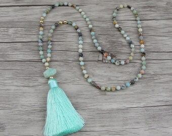 Gemstone bead necklace Bead tassel necklace Amazonite bead necklace Blue bead necklace Long necklace natural stone Necklace Jewelry NL-003
