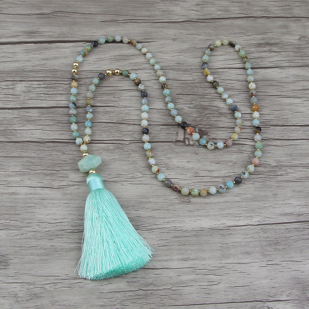 Gemstone bead necklace Bead tassel necklace Amazonite bead | Etsy