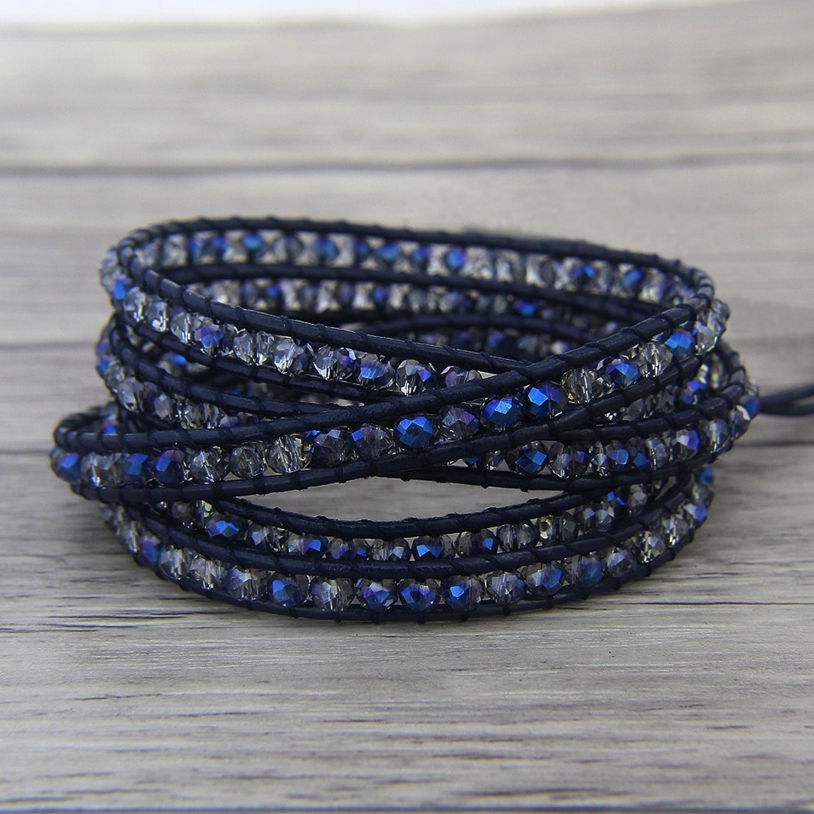 5 Rows Leather Wrap Bracelet Steel Blue Crystal Wrap Bracelet Etsy