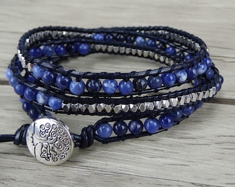 navy beaded bracelet Blue wrap bracelet Silver Nuggets bead bracelet boho leather bracelet 3 wraps bracelet yoga beads wrap bracelet SL-0249