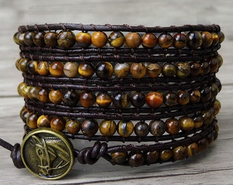 Tiger eye wrap bracelet gemstones wrap bracelet Yoga boho beaded bracelet bead leather wrap bracelet natural stone jewelry SL-0191