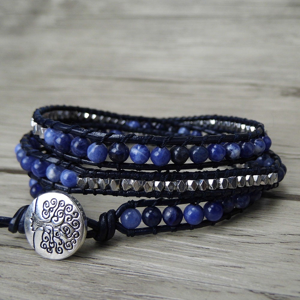 Navy Beaded Bracelet Blue Wrap Bracelet Silver Nuggets Bead | Etsy