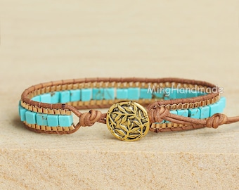 Turquoise beaded Bracelet, Blue Beads Bracelet, Turquoise Bracelet, Leather Bracelet,Natural Stone Bracelet,Boho Bracelet,Chain Bracelet