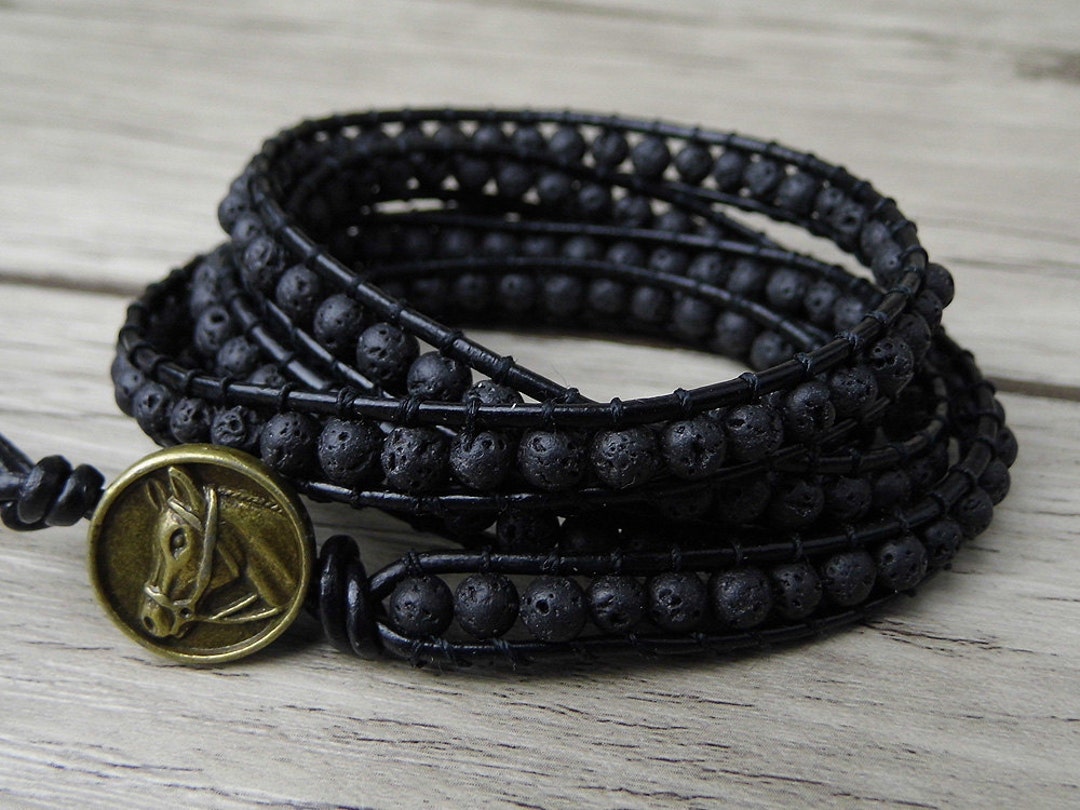 Black Wrap Bracelet Yoga Leather Wrap Bracelet 4mm Black Lava Bead ...