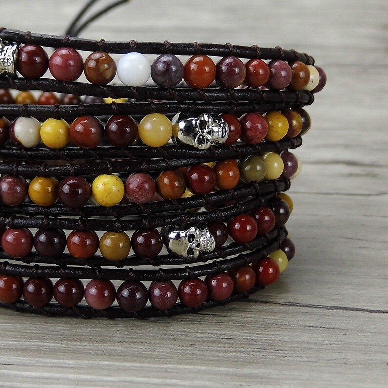 Gemstone wrap Bracelet Mookaite bead bracelet men wrap bracelet Boho skull bead bracelet boho gemstone Bracelet yoga bead bracelet SL-0274